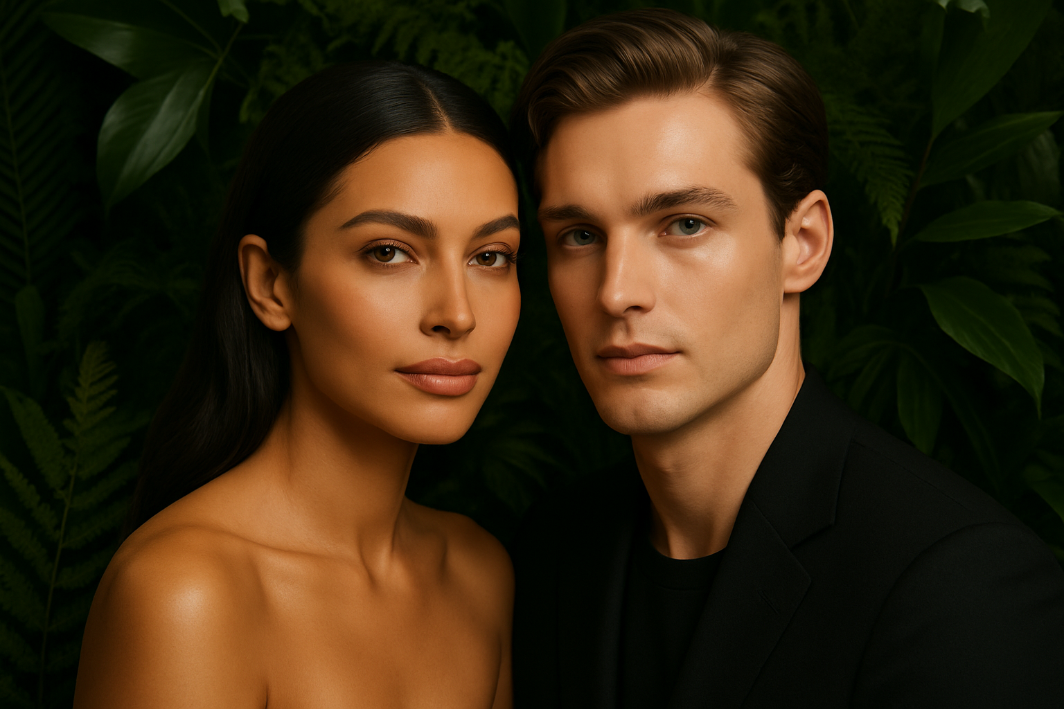 luxury aesthetic, male and female beauty model, woman with olive skin, white man, with a leaf/greenery background to present the "natural/organic" nature of the beauty brand