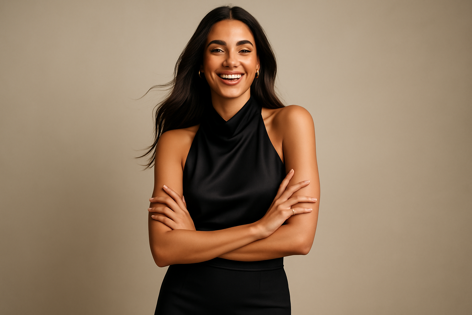 luxury model wearing sleeveless top and fitted skirt, crossing arms in a playful happy way, looking confident, olive skin long healthy hair.